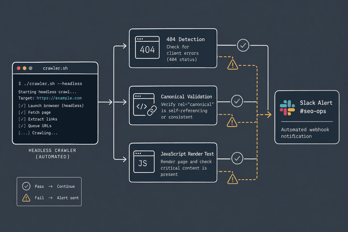 Technical flowchart of an automated headless site crawler alerting on indexing and rendering errors.