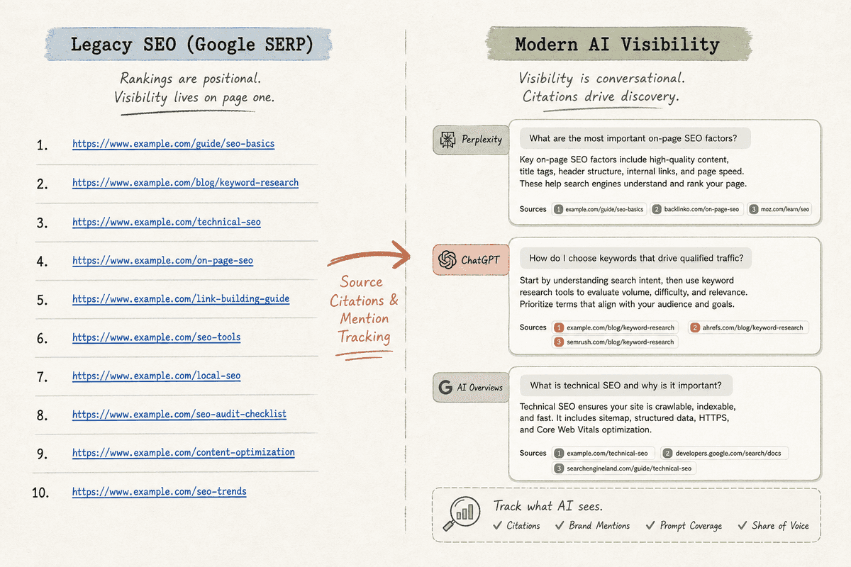 Comparison diagram illustrating traditional Google SERP rank tracking versus generative AI visibility and citations.
