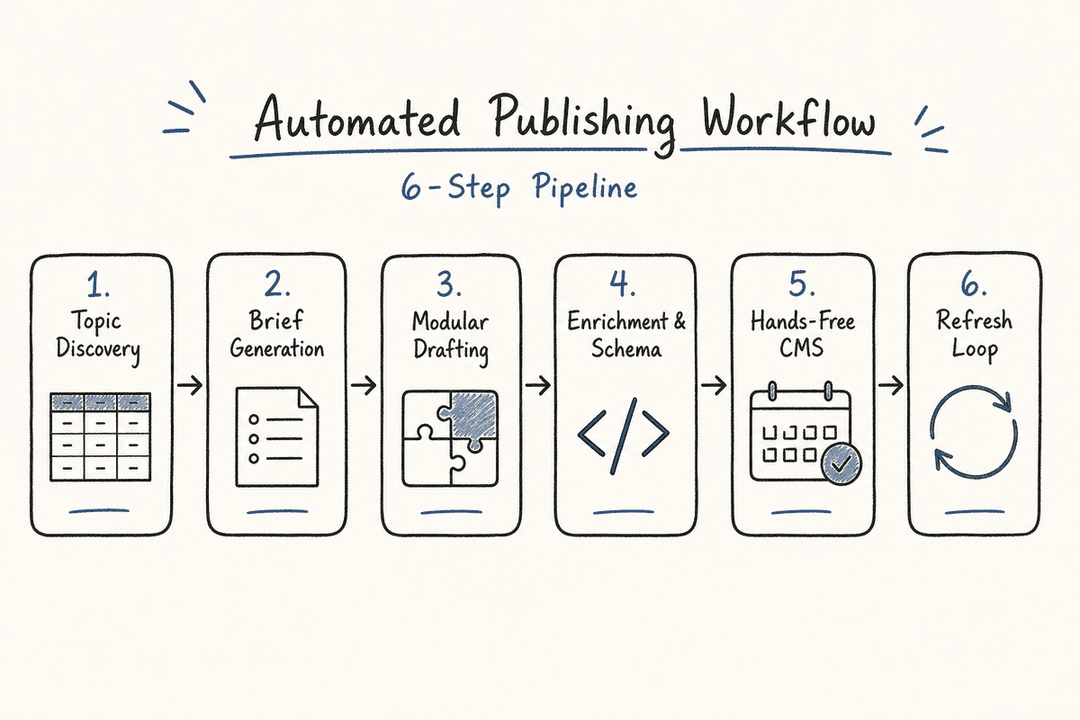 Flowchart diagram illustrating the six core stages of an automated publishing pipeline from topic discovery to content refres