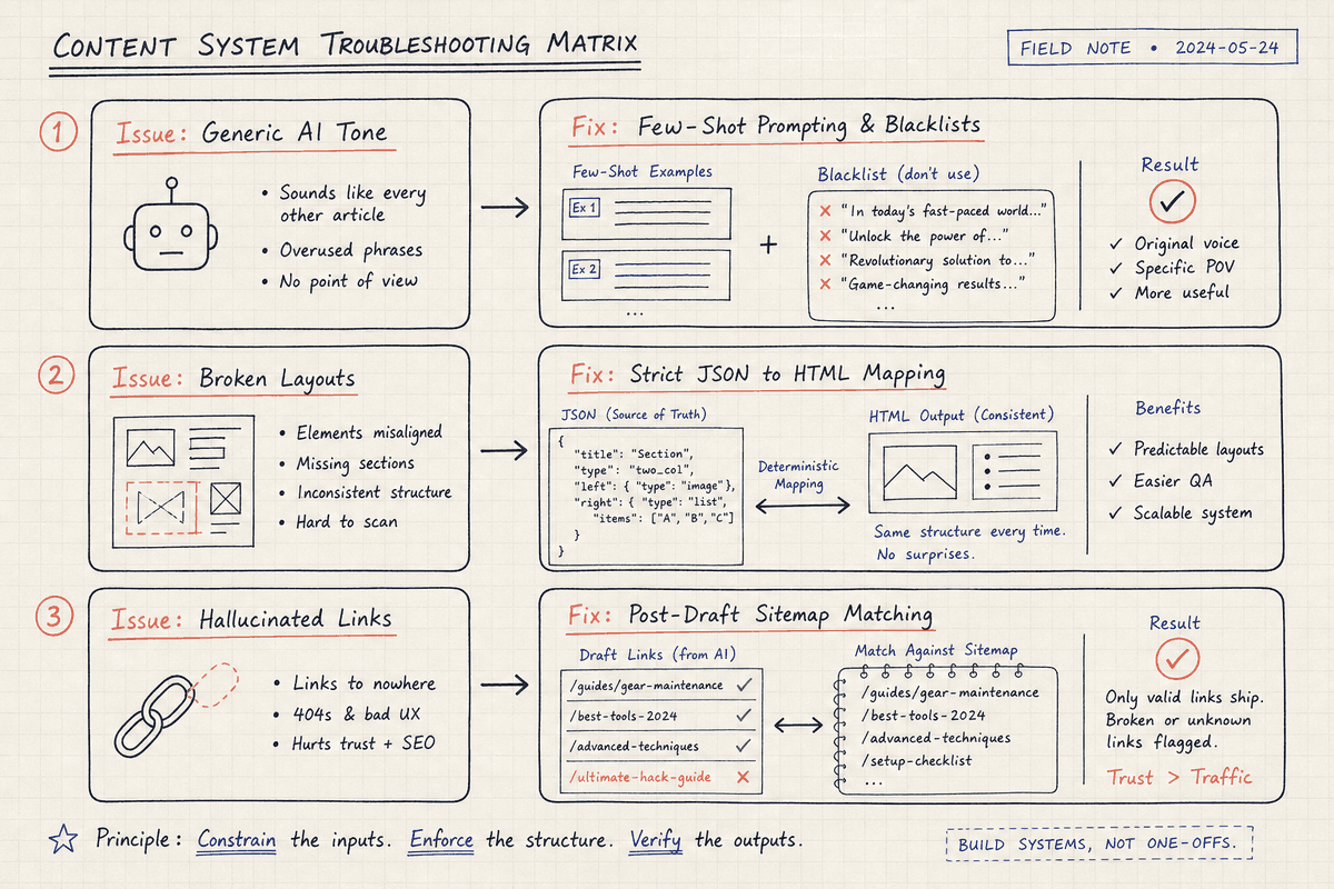Engineering style reference matrix detailing solutions for AI tone, layout breakage, and internal linking bottlenecks in auto