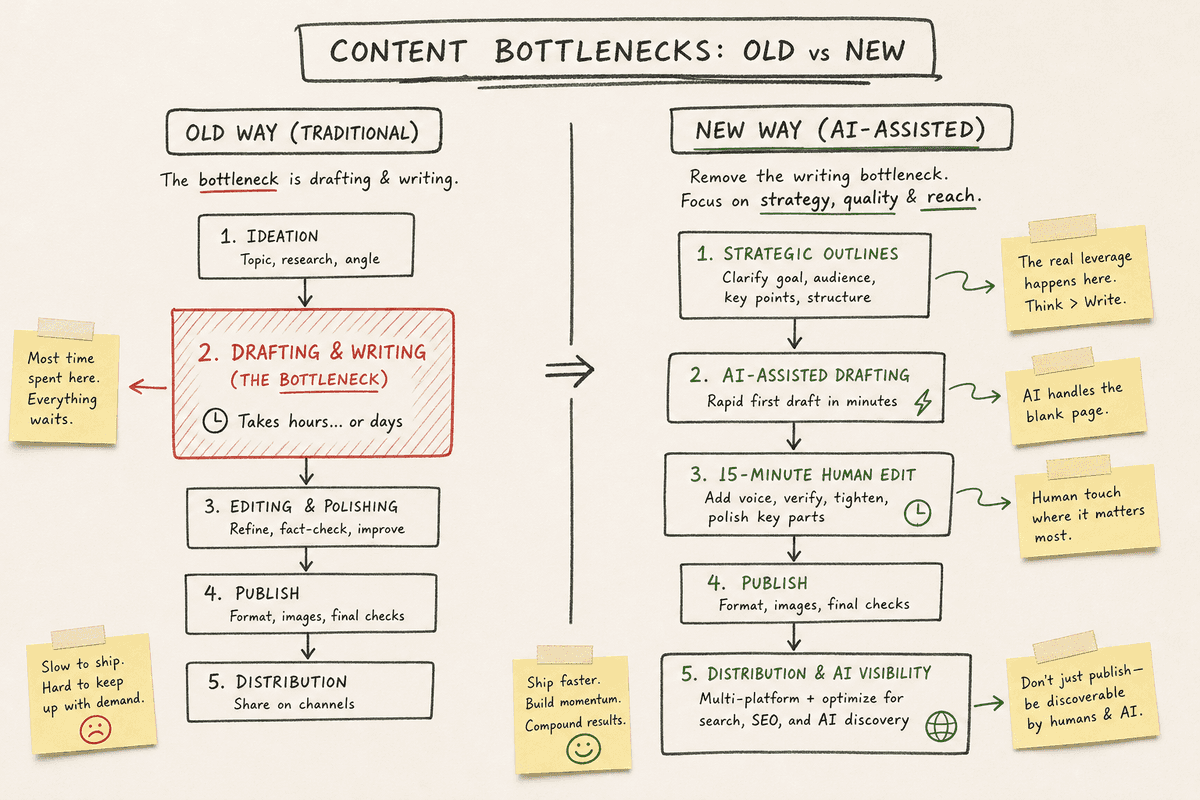 Diagram comparing traditional manual writing bottlenecks to modern AI-assisted editing and distribution pipelines.