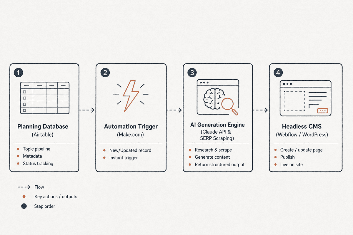 Modular architecture diagram connecting content databases, automation webhooks, AI writing models, and CMS publishing.