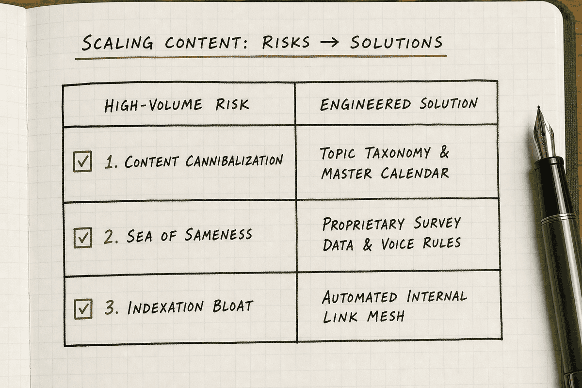 Field notes table outlining risks of high-volume blogging and actionable systems to prevent cannibalization and generic text.