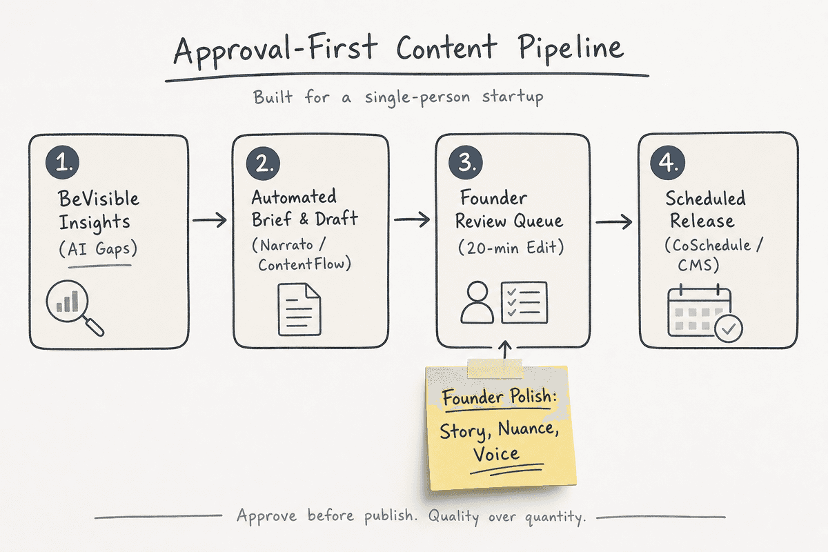 Flowchart diagram showing an approval-first automated content marketing workflow for solo founders.