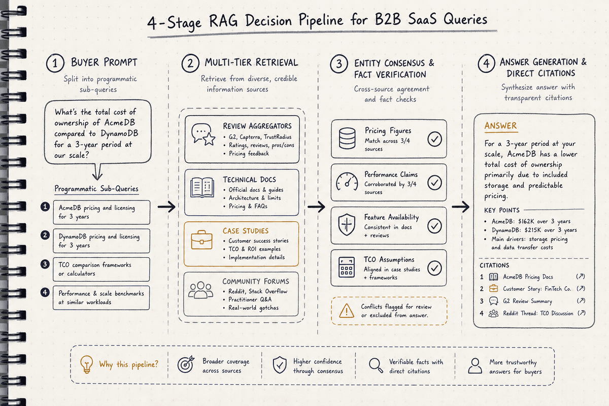 Technical diagram detailing the 4-phase RAG retrieval and consensus process used by AI search engines to recommend software.