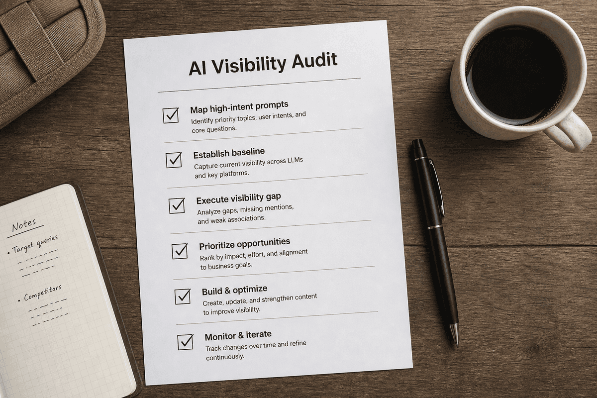 A printed checklist on a desk outlining the steps for an AI visibility audit.