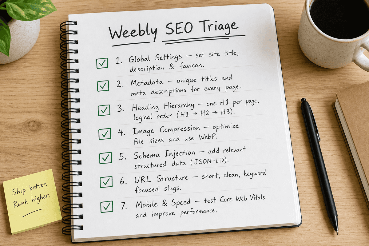 A detailed 7-step Weebly SEO triage checklist shown on a notebook.