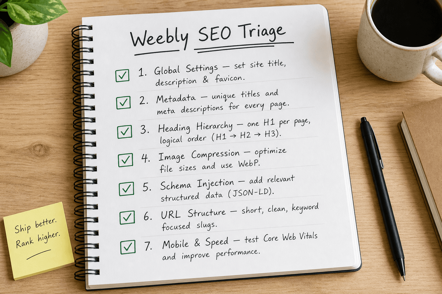 A detailed 7-step Weebly SEO triage checklist shown on a notebook.