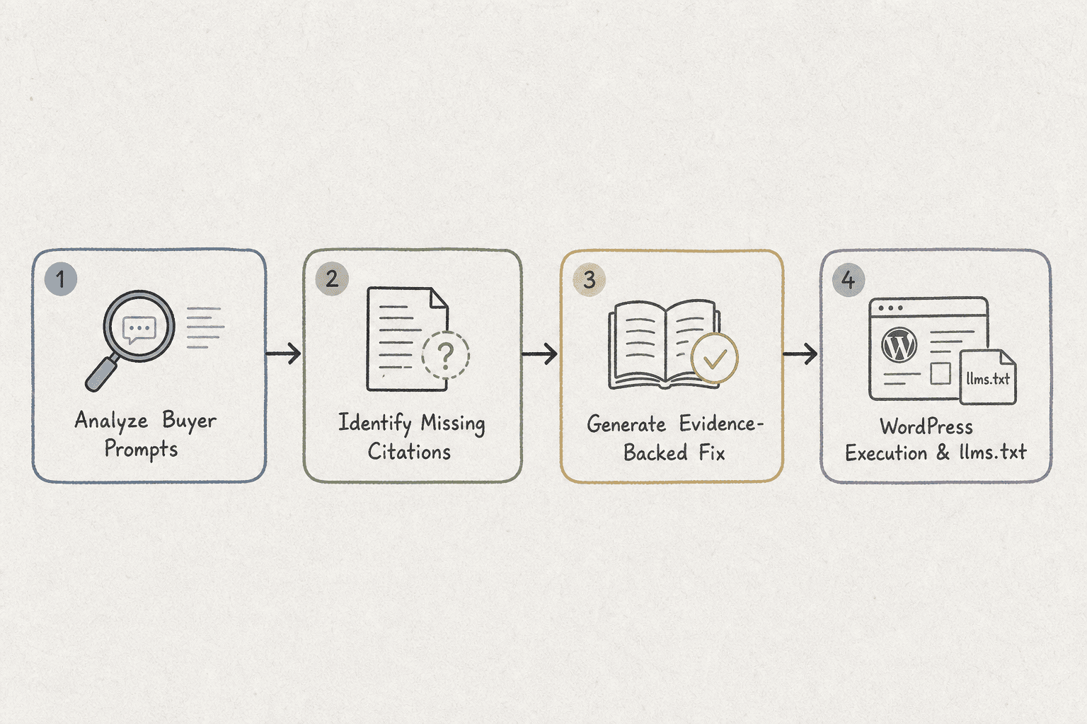 A four-step pipeline mapping the process from analyzing buyer prompts to executing in WordPress.