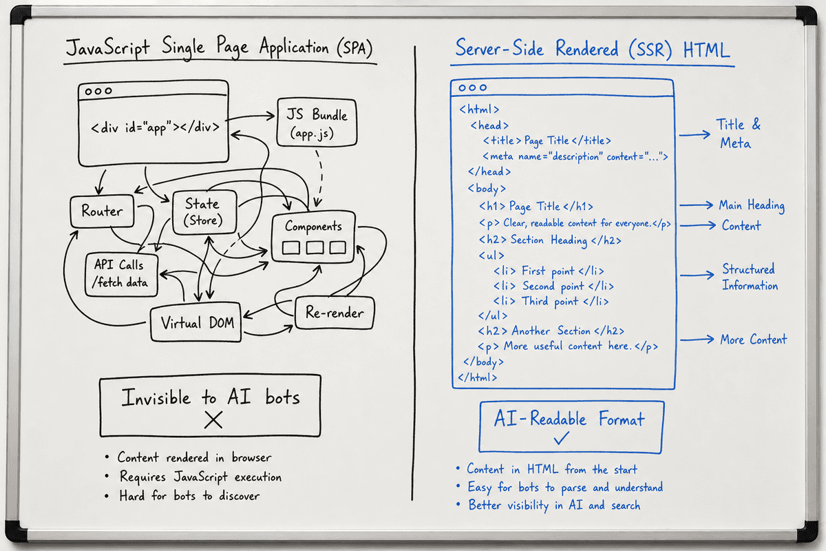 Whiteboard sketch comparing complex client-side rendering with clean server-side HTML for AI crawlers.