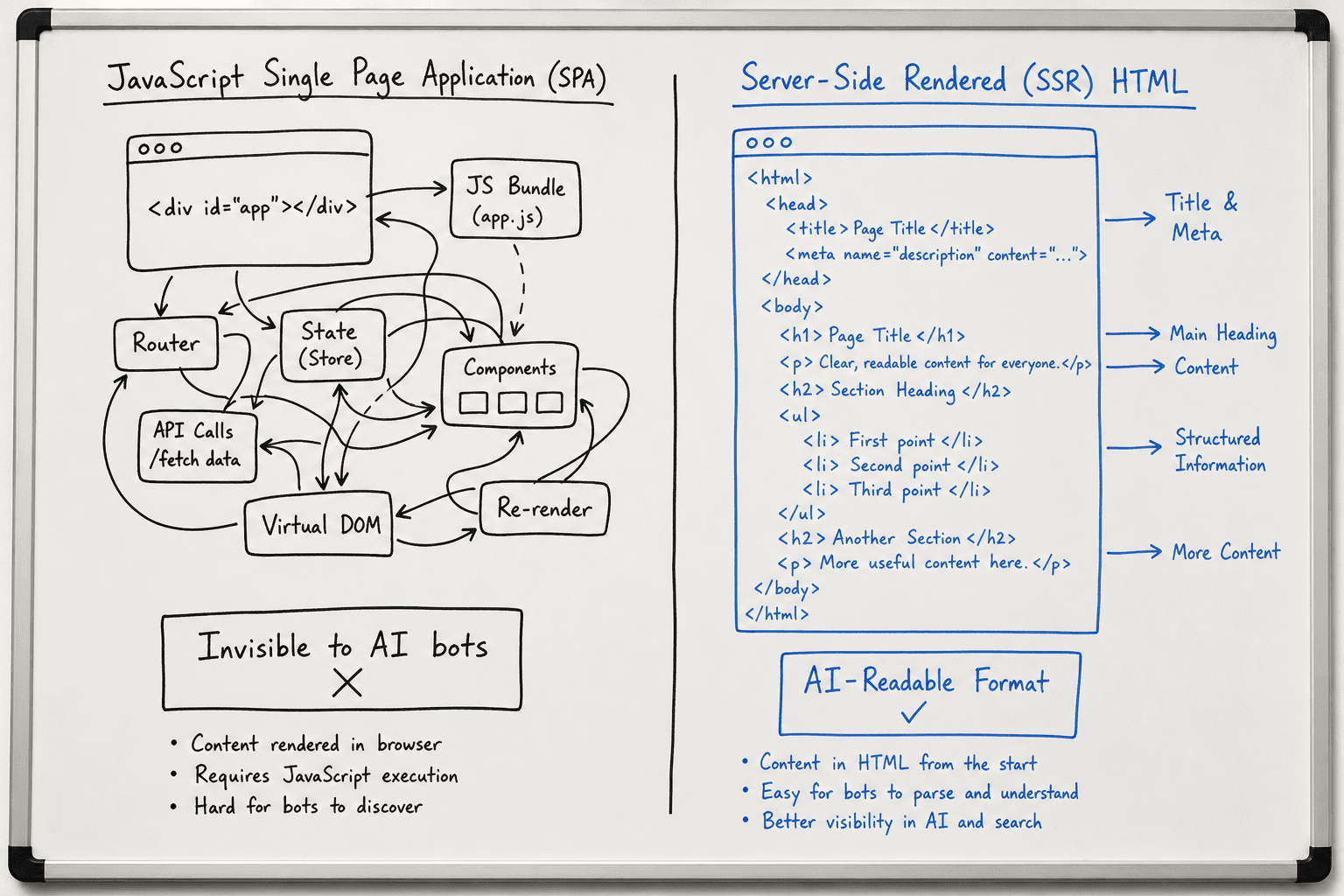 Whiteboard sketch comparing complex client-side rendering with clean server-side HTML for AI crawlers.
