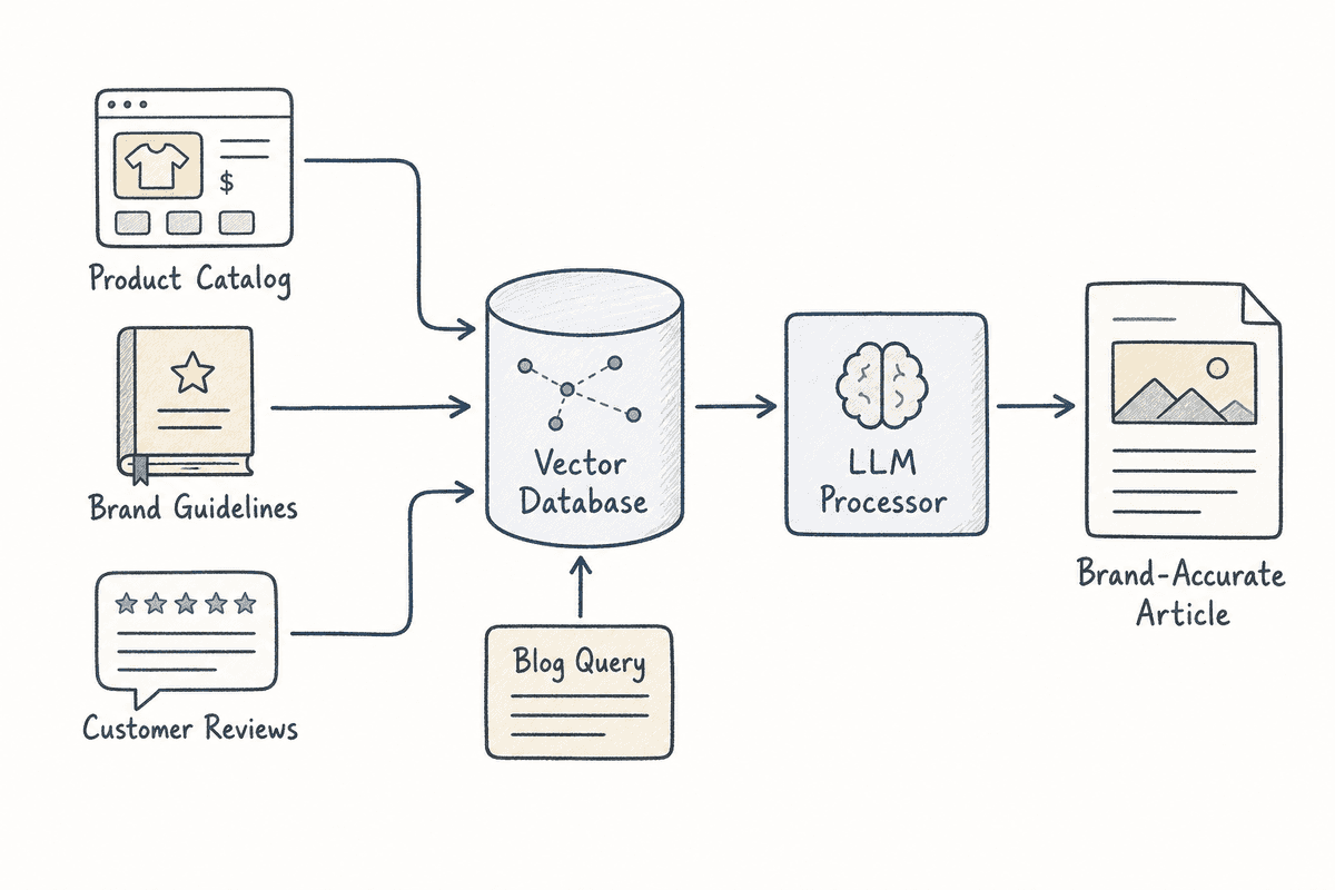 Diagram illustrating Retrieval-Augmented Generation (RAG) workflow connecting e-commerce product databases to AI content gene