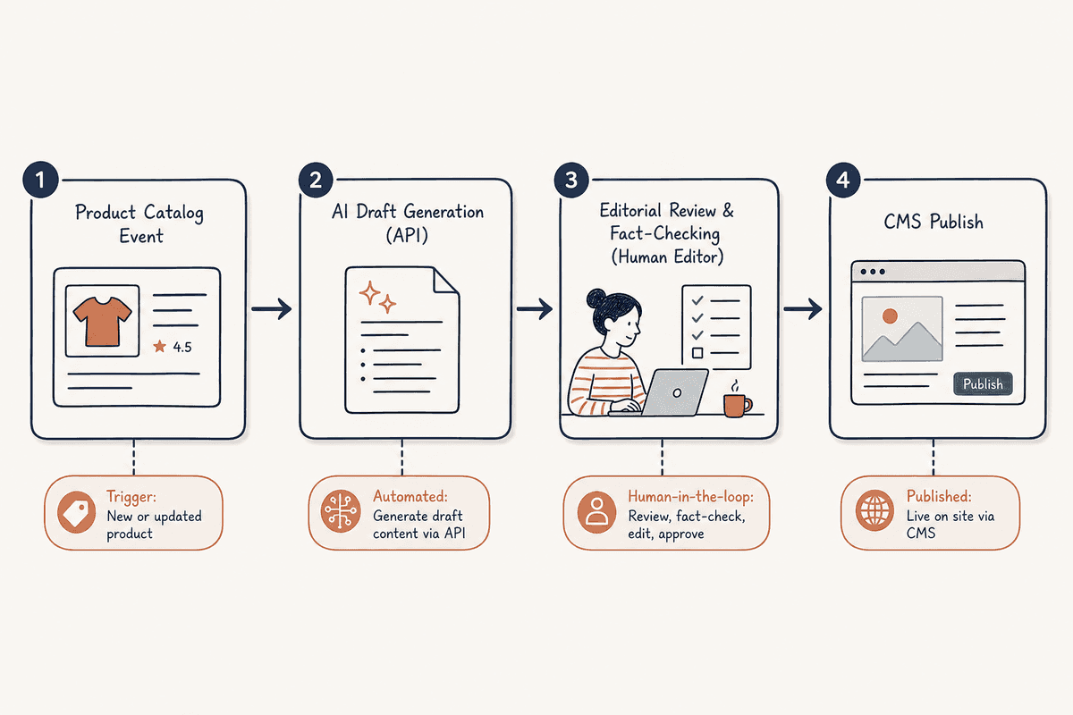 Workflow chart showing an API-driven headless CMS drafting pipeline with human editorial review before publishing.