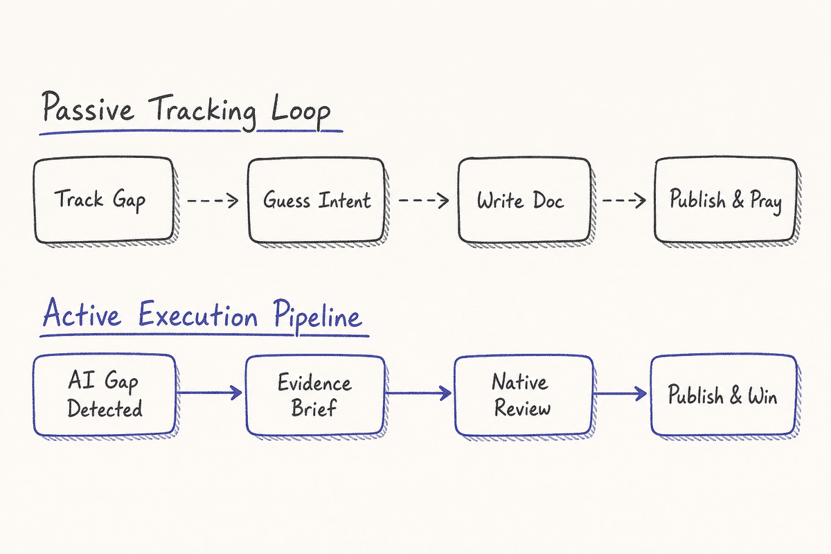 Diagram comparing disconnected AI tracking workflows with an integrated content execution pipeline.