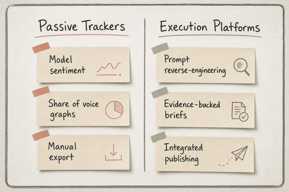 Comparison board contrasting passive AI tracking features with action-oriented content execution features.