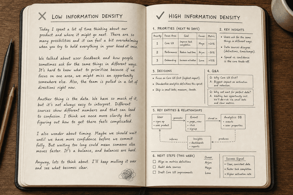 Visual notebook comparison showing low density prose versus highly structured, RAG-optimized content formatting.