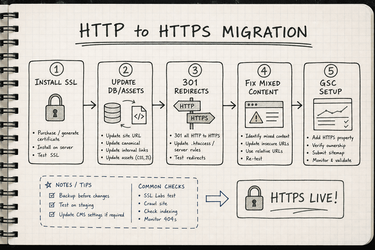 A 6-step framework for migrating a website from HTTP to HTTPS.