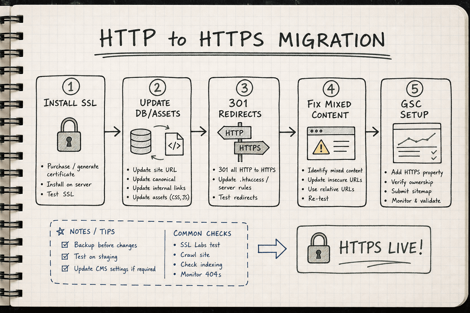 A 6-step framework for migrating a website from HTTP to HTTPS.
