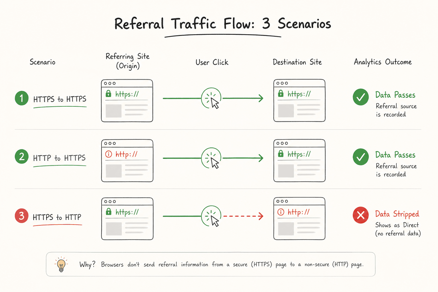 Chart showing how HTTPS to HTTP traffic strips referral data in Google Analytics.