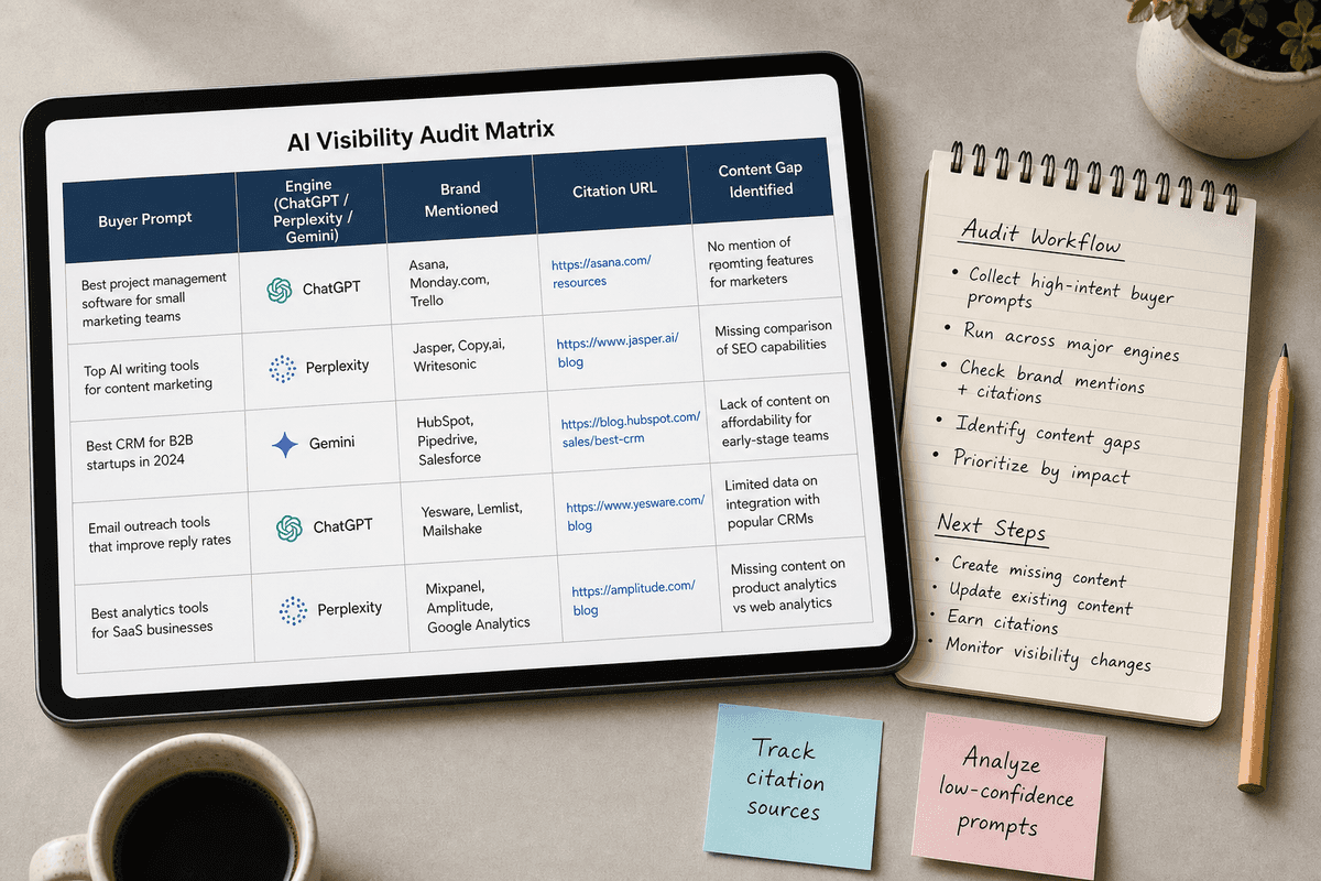 Spreadsheet matrix and workspace layout for auditing AI visibility gaps across search engines.