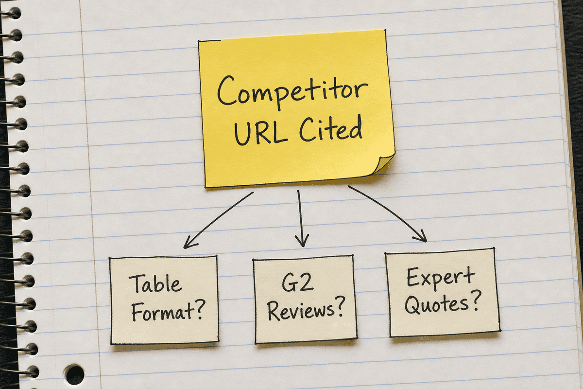 Sticky note diagram showing how to analyze competitor URLs that win AI citations