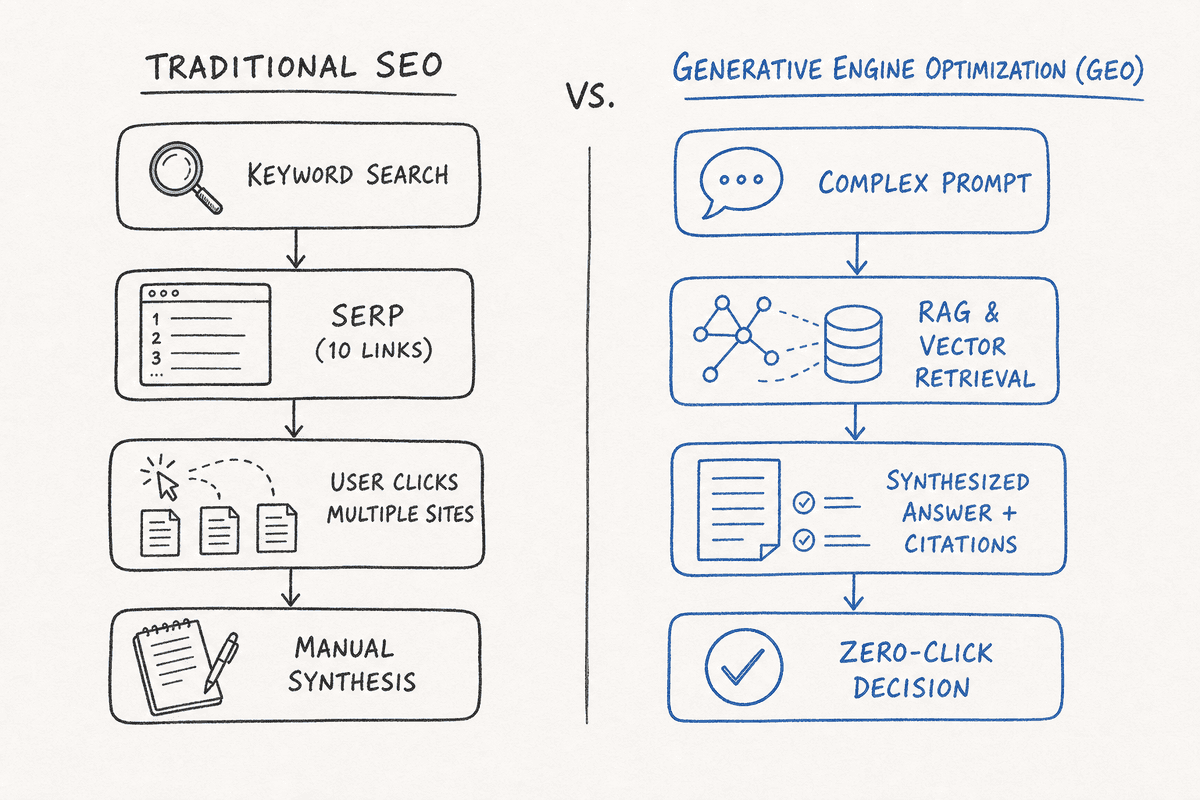 Hand-drawn comparison diagram between traditional search engine results and generative engine answer synthesis.