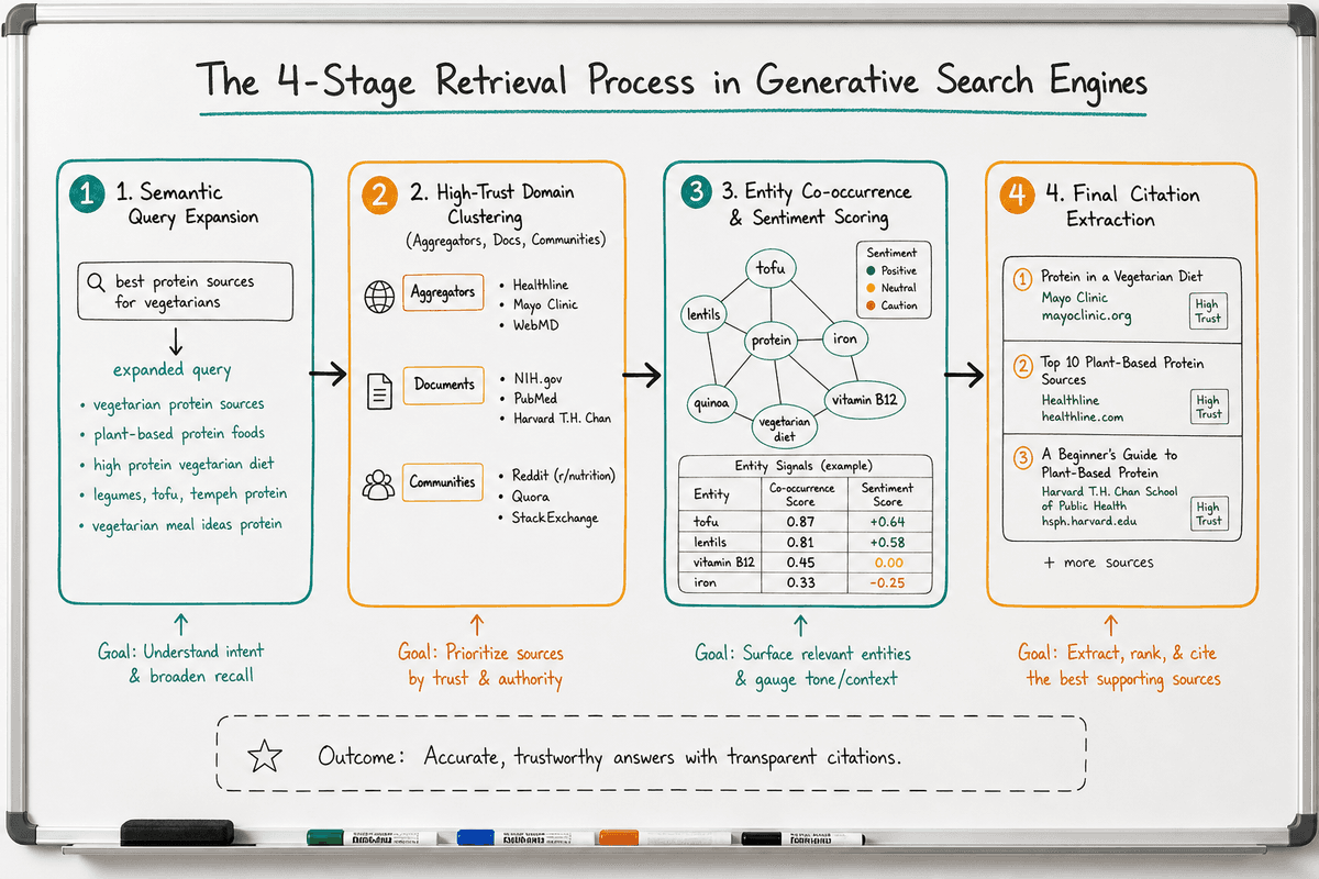 Whiteboard diagram outlining the four retrieval stages AI search engines use to select and cite SaaS products.