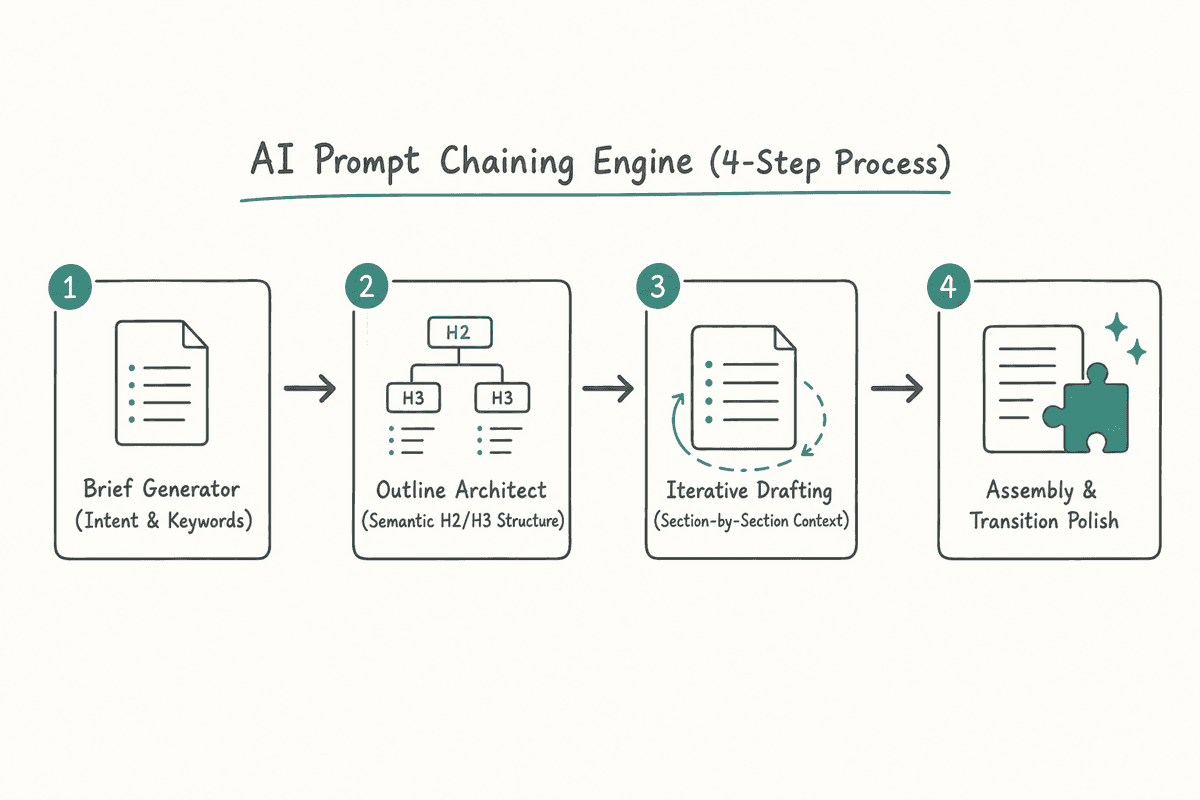 Workflow diagram detailing the four-layer AI prompt chaining engine from brief to assembly.