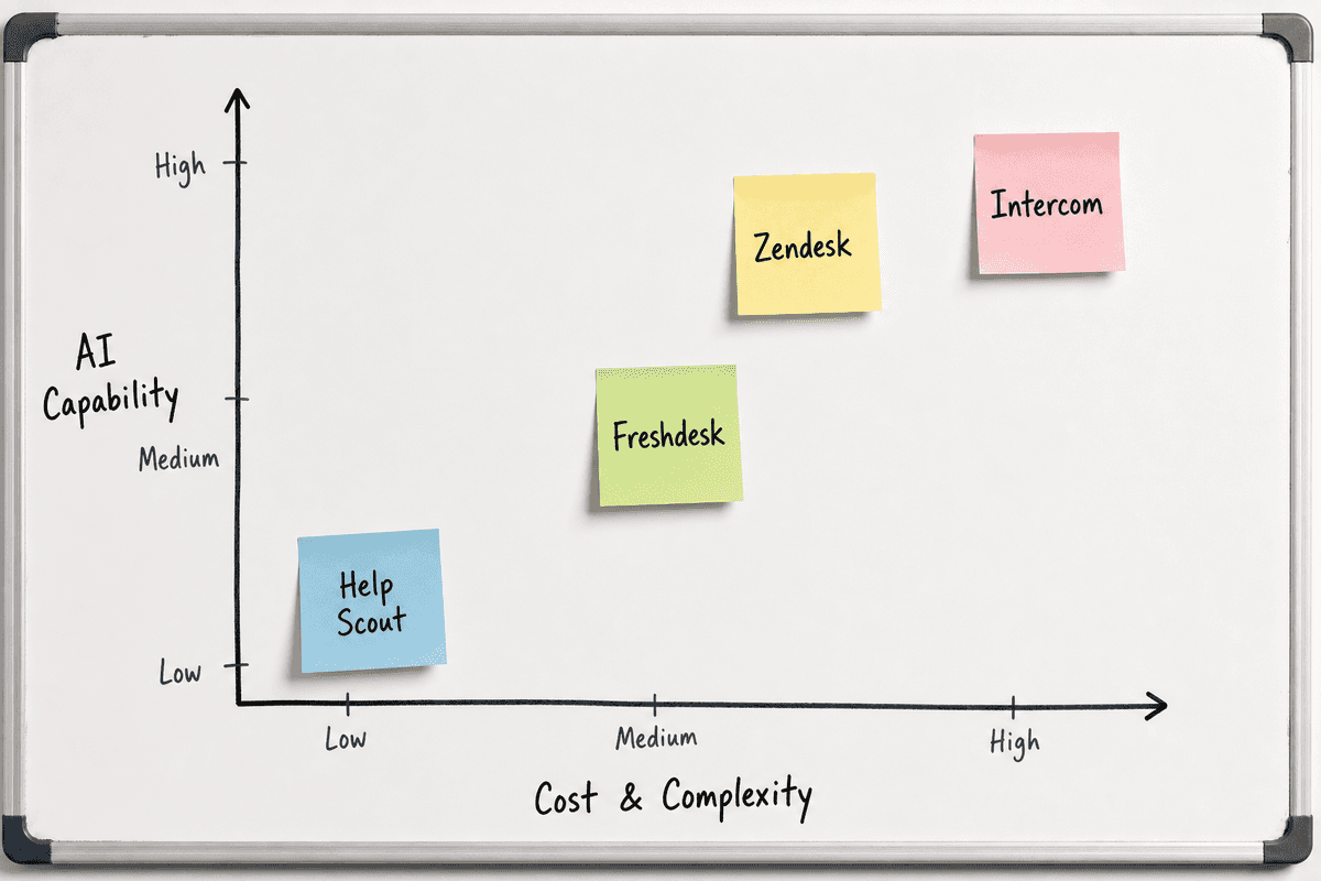 Comparison matrix of Intercom, Zendesk, Freshdesk, and Help Scout based on complexity and AI features