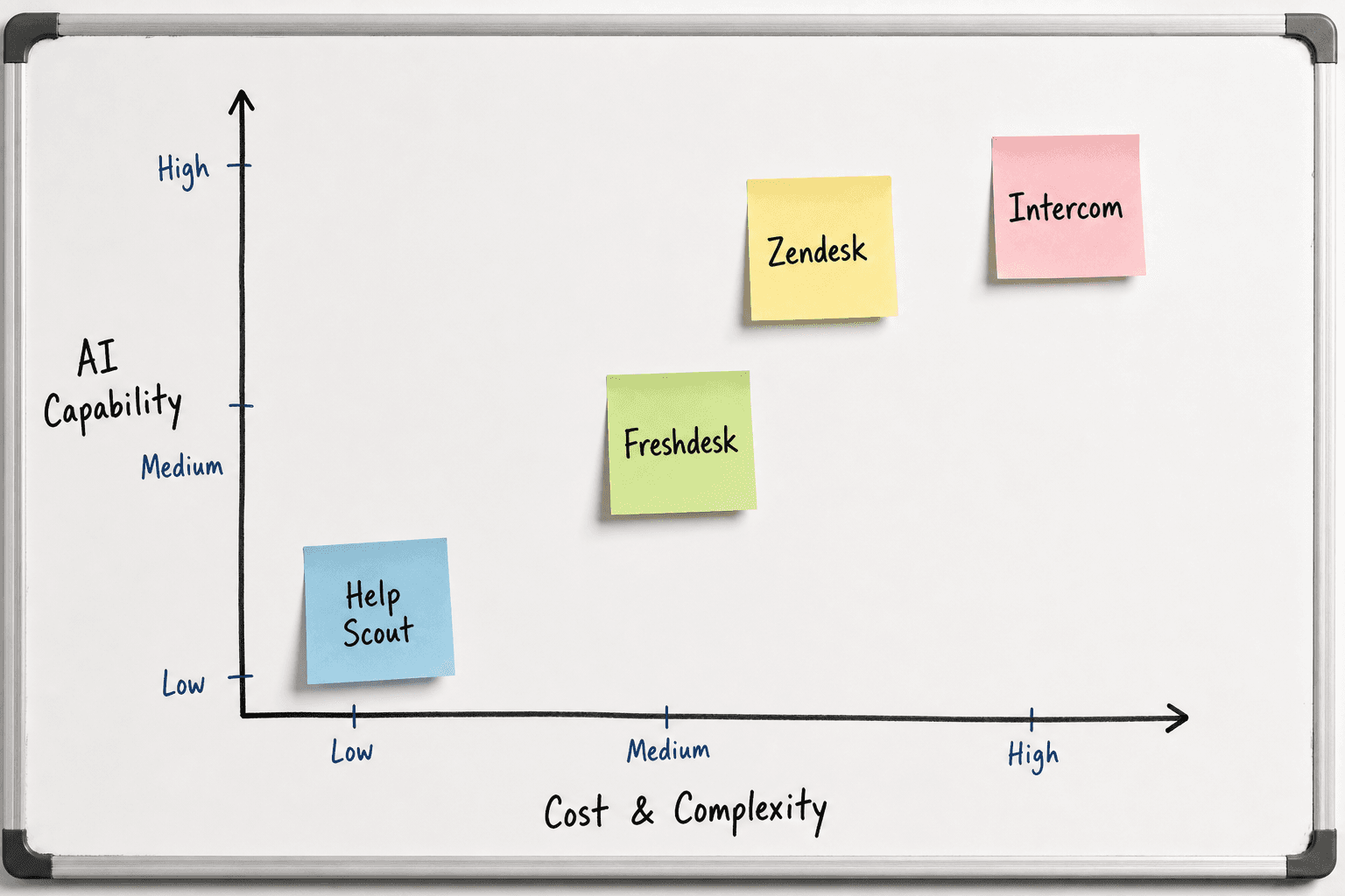 Comparison matrix of Intercom, Zendesk, Freshdesk, and Help Scout based on complexity and AI features