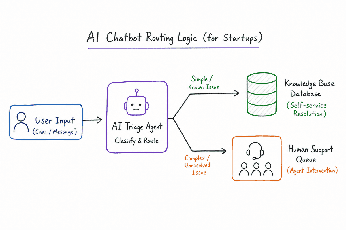 Flowchart diagram showing how AI support agents route user questions to a knowledge base or a human representative