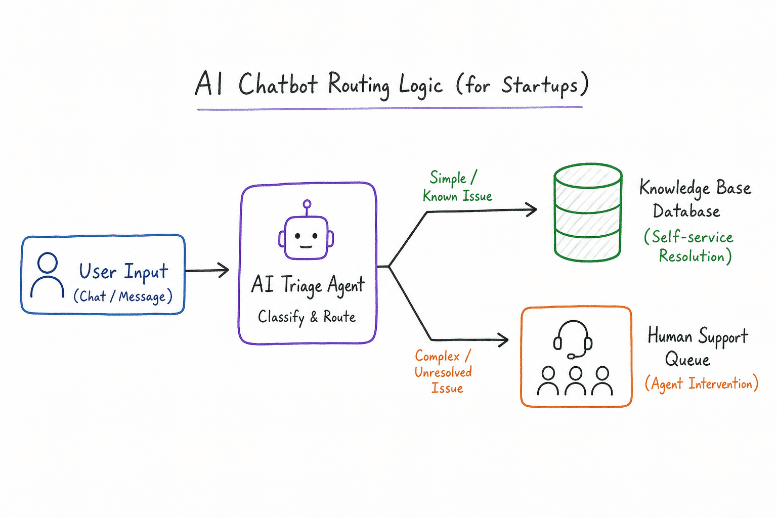 Flowchart diagram showing how AI support agents route user questions to a knowledge base or a human representative