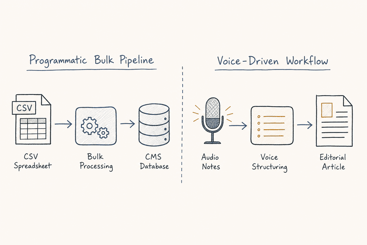 Hand-drawn comparison diagram illustrating programmatic bulk content pipelines versus voice-driven AI drafting workflows.