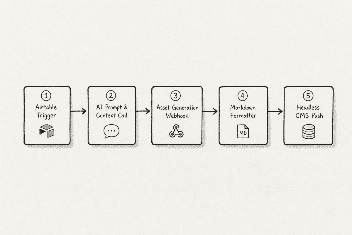 Whiteboard process flowchart depicting a custom 5-step automated content pipeline using API integrations and CMS deployment.