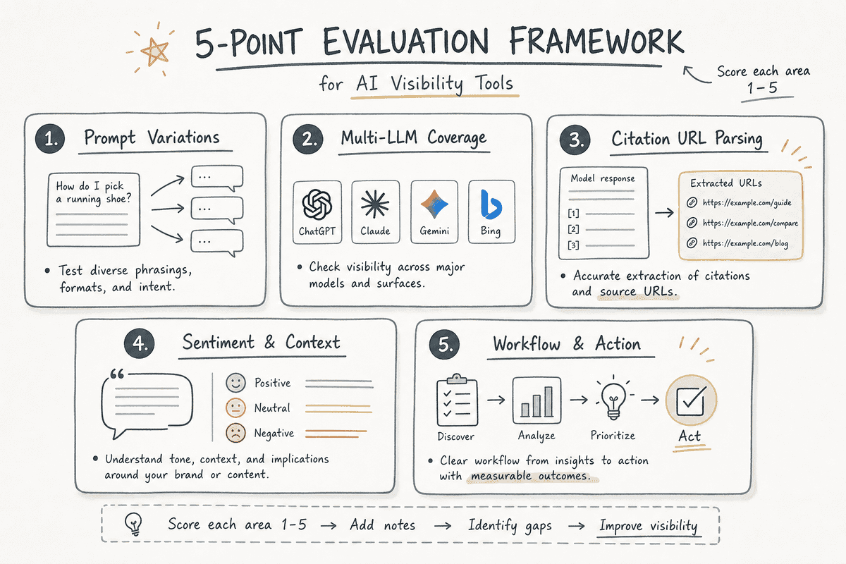 Evaluation framework diagram displaying five core criteria for selecting an AI brand visibility tool