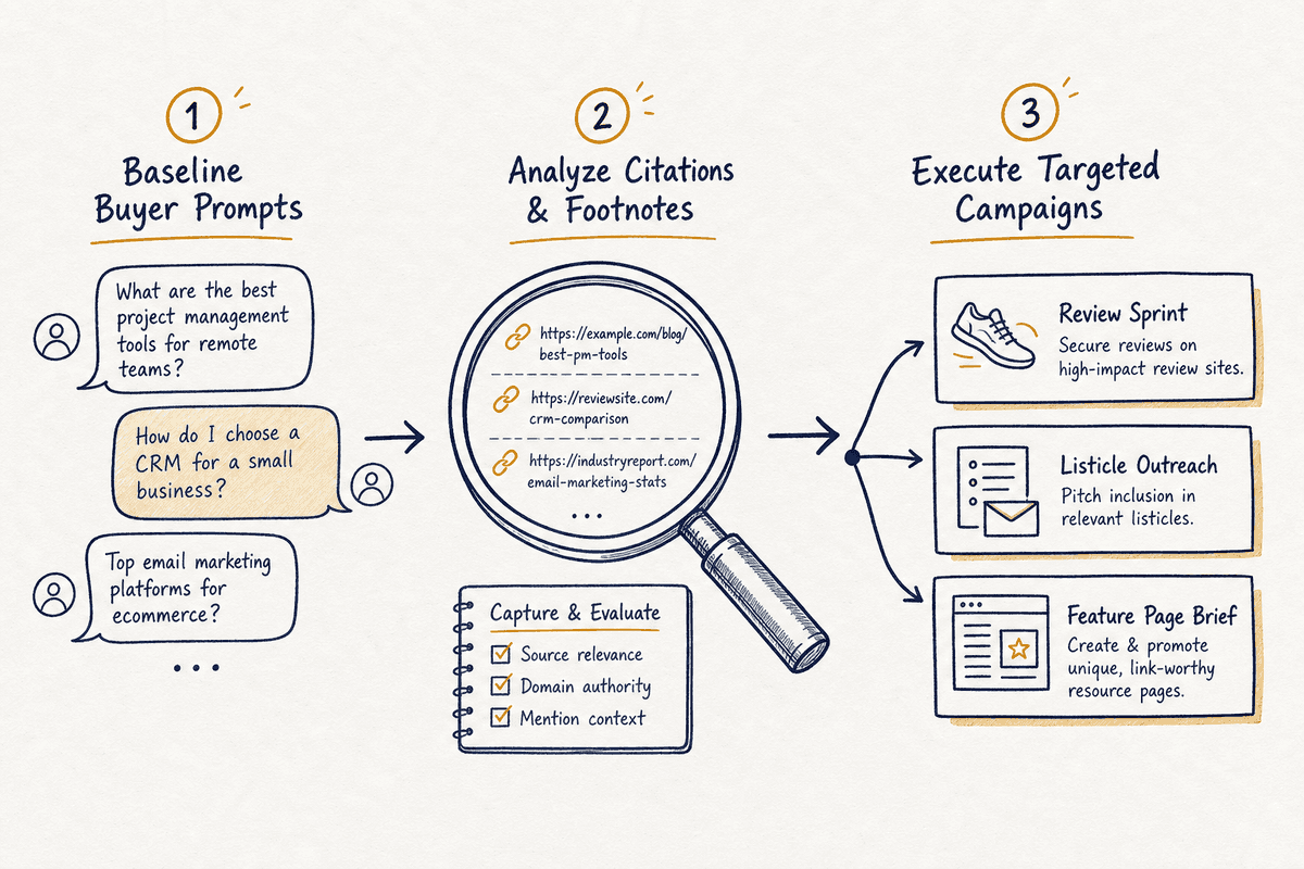 Step-by-step workflow diagram showing how to turn LLM citation gaps into actionable marketing sprints