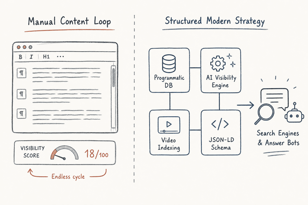 Diagram comparing manual editorial text drafting against automated and structured SEO strategies.