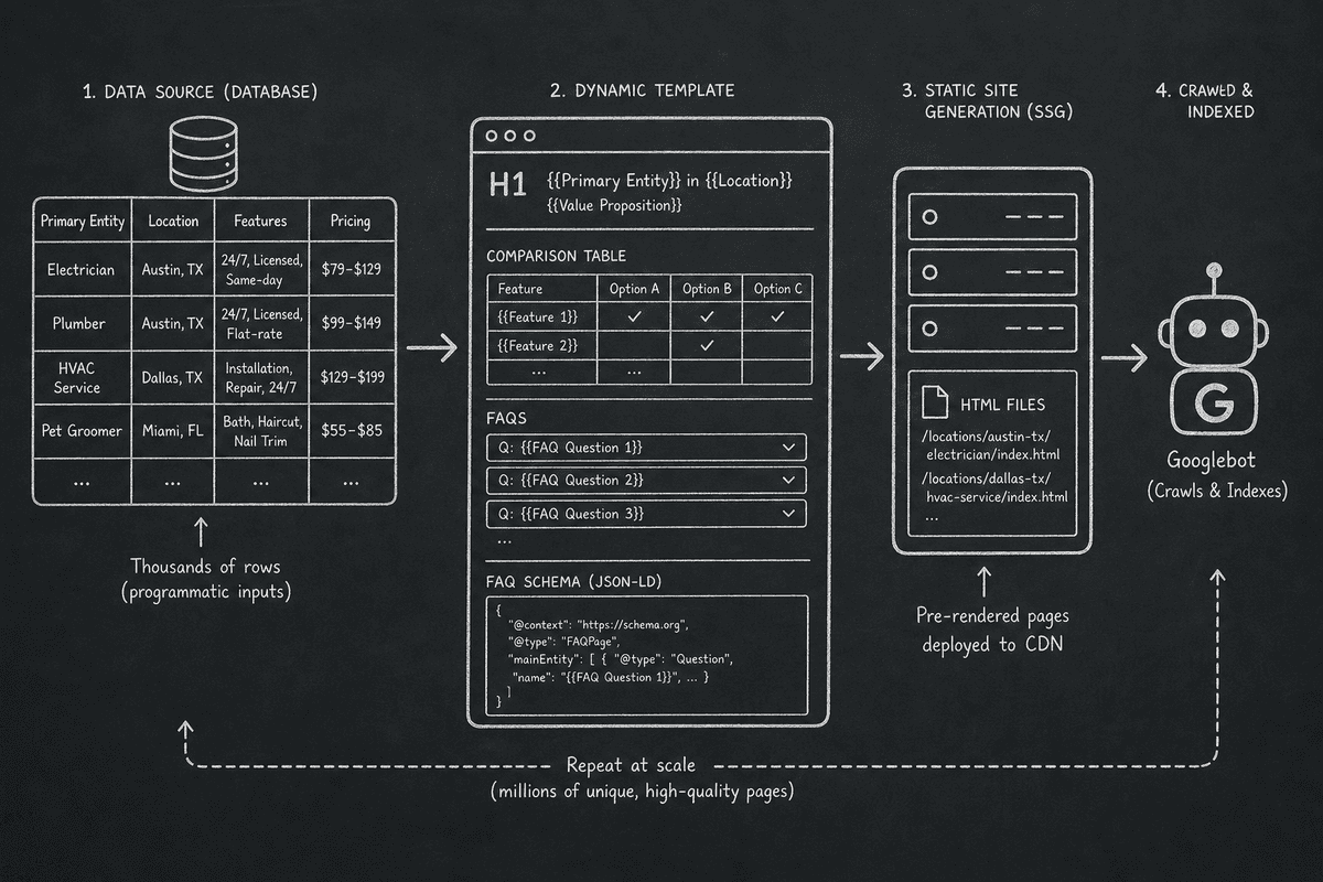 Architectural workflow diagram showing how a database populates dynamic page templates for programmatic SEO.