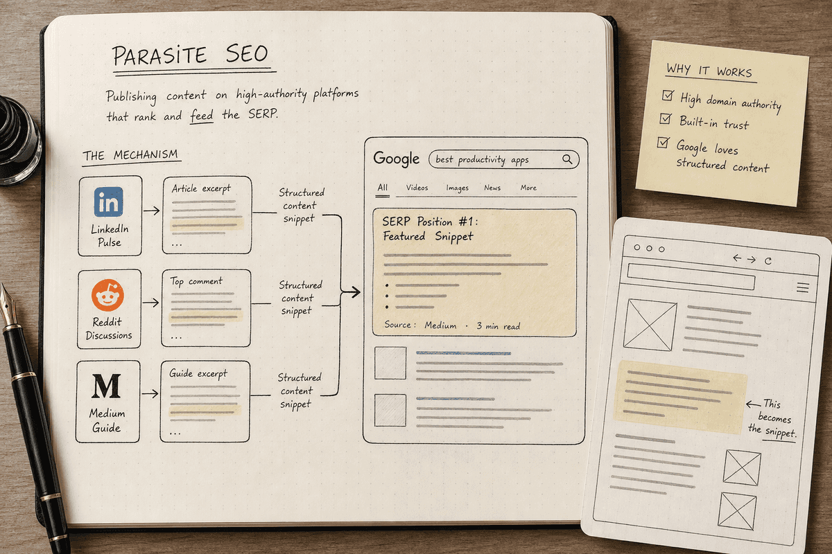 Notebook sketch illustrating how high-domain-authority platforms capture top Google search rankings.
