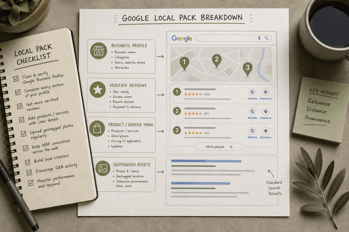Wireframe diagram showing key optimization pillars to dominate the Google Local Pack map results.