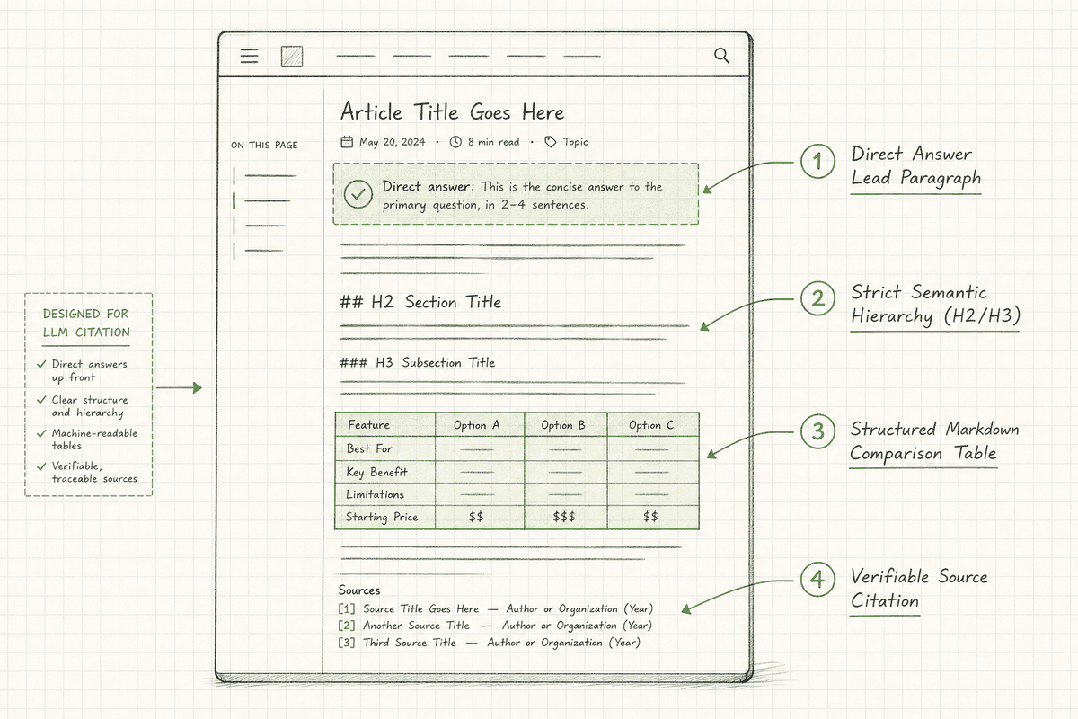 Visual wireframe highlighting key structural elements required for LLM-friendly automated blog content.