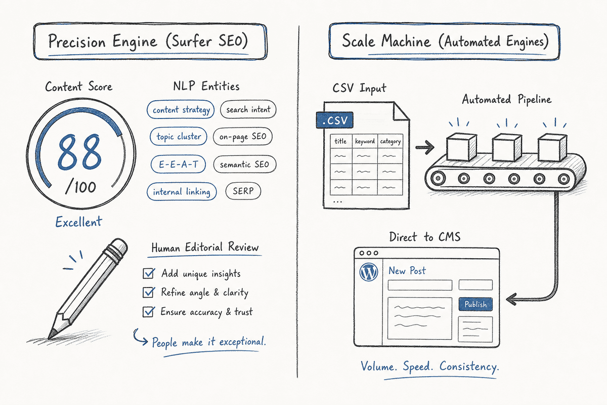 Side-by-side diagram comparing precision-driven Surfer SEO optimization against programmatic automated blogging engines.