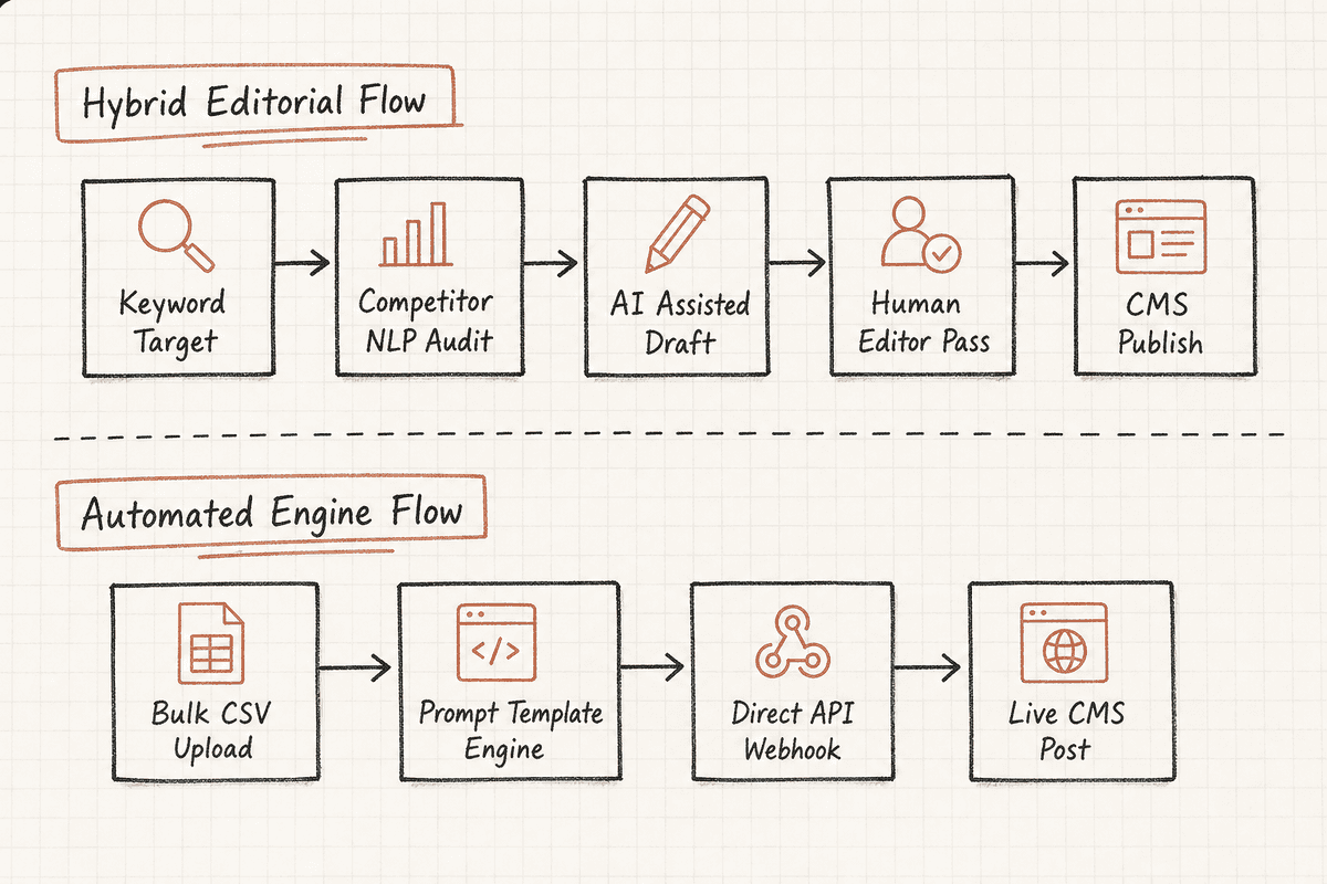 Process flow comparison showing hybrid human-in-the-loop editing versus automated programmatic publishing.