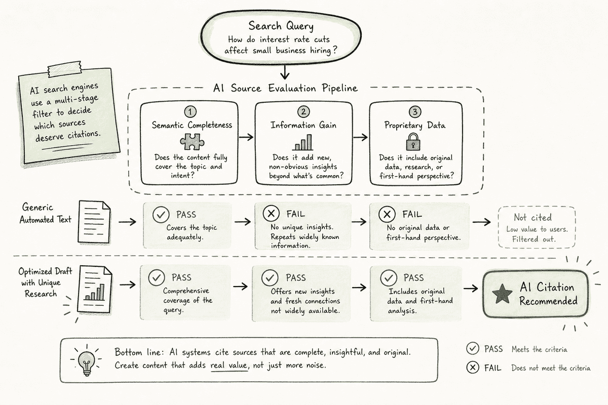 Conceptual diagram showing how generative AI engines evaluate semantic depth and information gain before citing sources.