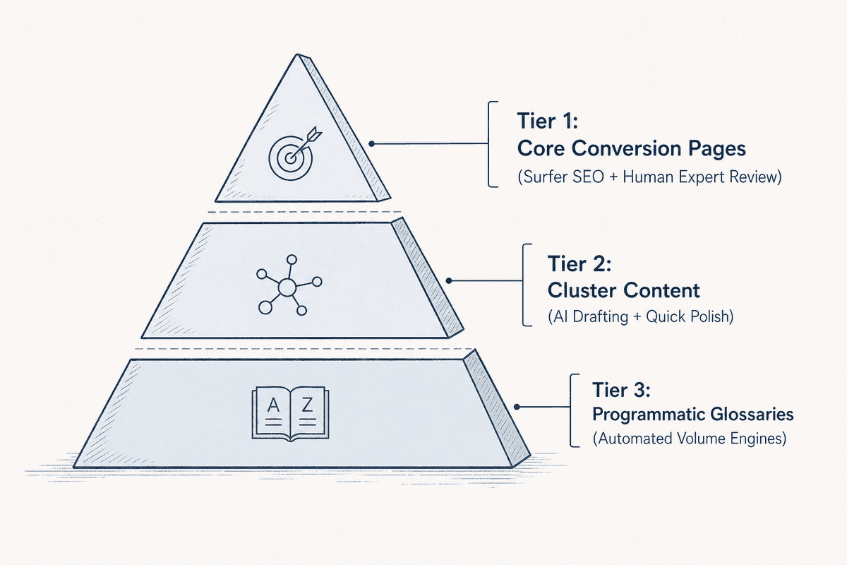 Three-tiered content strategy pyramid showing how to balance Surfer SEO precision with automated volume publishing.