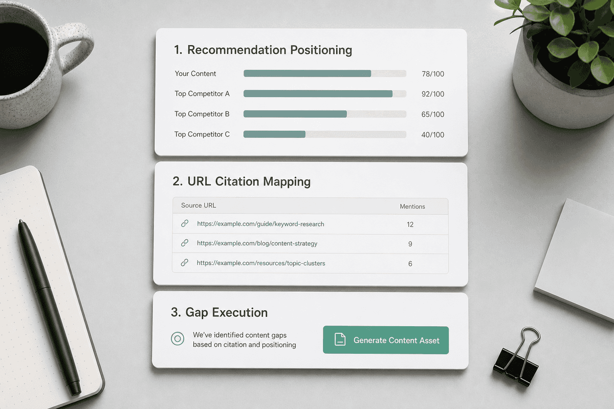 Wireframe diagram illustrating three core layers of AI monitoring: positioning, citation mapping, and content execution.