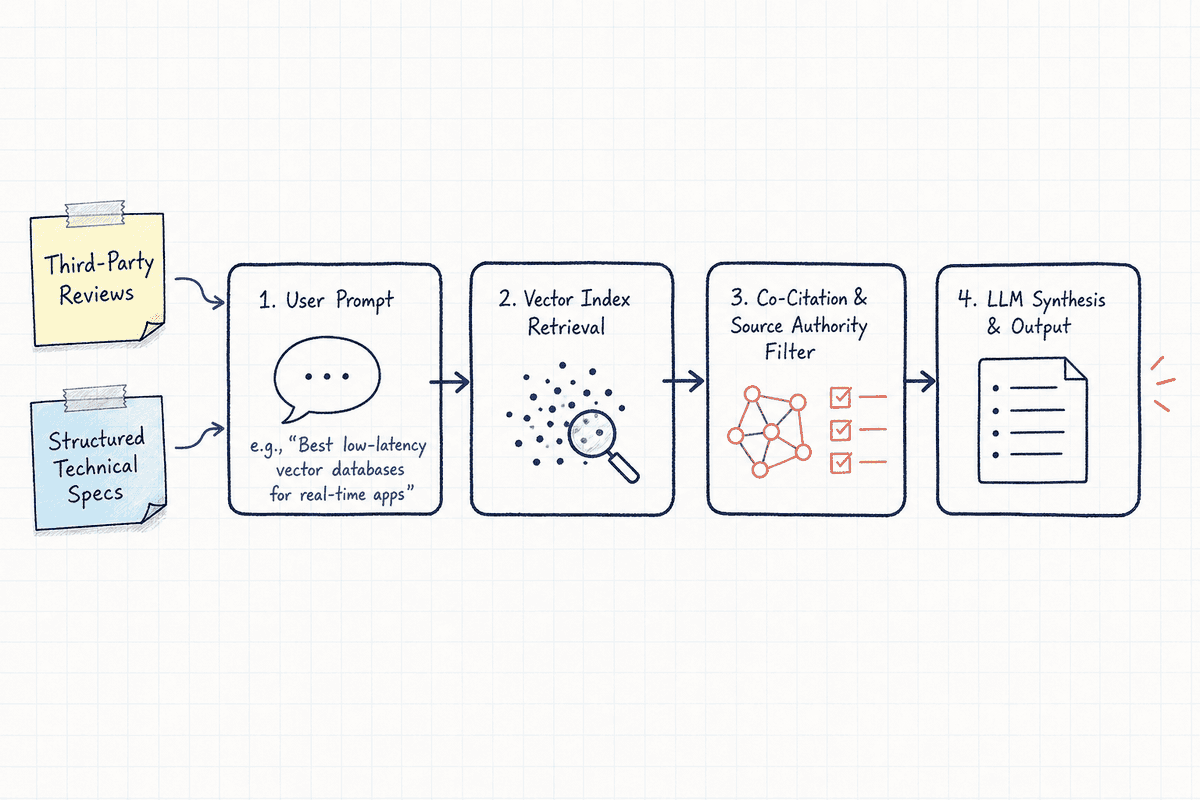 Technical flow diagram explaining the RAG retrieval process used by AI models to recommend B2B brands.