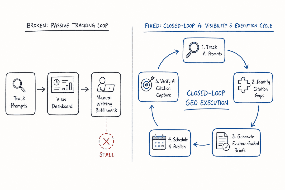 Diagram comparing passive AI tracking versus closed-loop AI visibility and content execution.