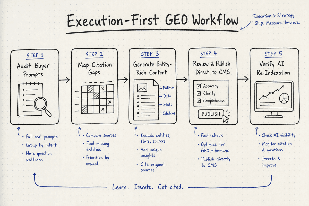 Five-step workflow diagram detailing how to move from AI prompt monitoring to content publishing.