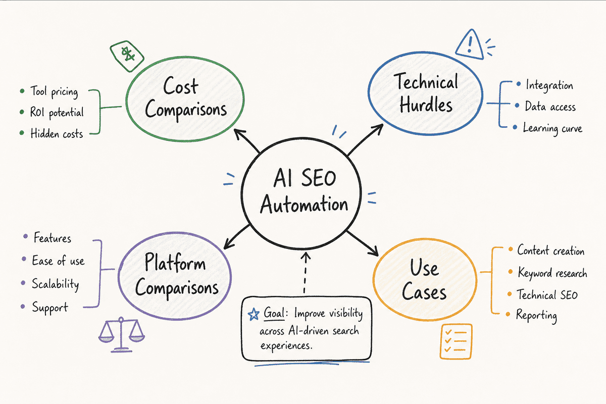 A topic map framework showing how to structure subtopics around a core AI visibility theme.